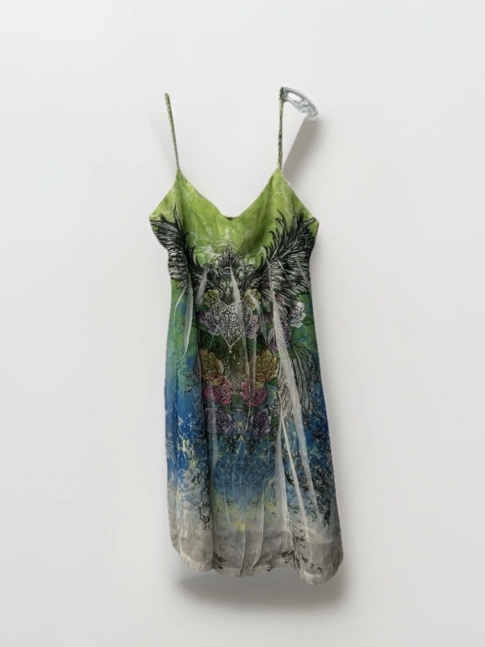 Green to Blue Ombre Floral Angel Wings dress y2k rhinestone